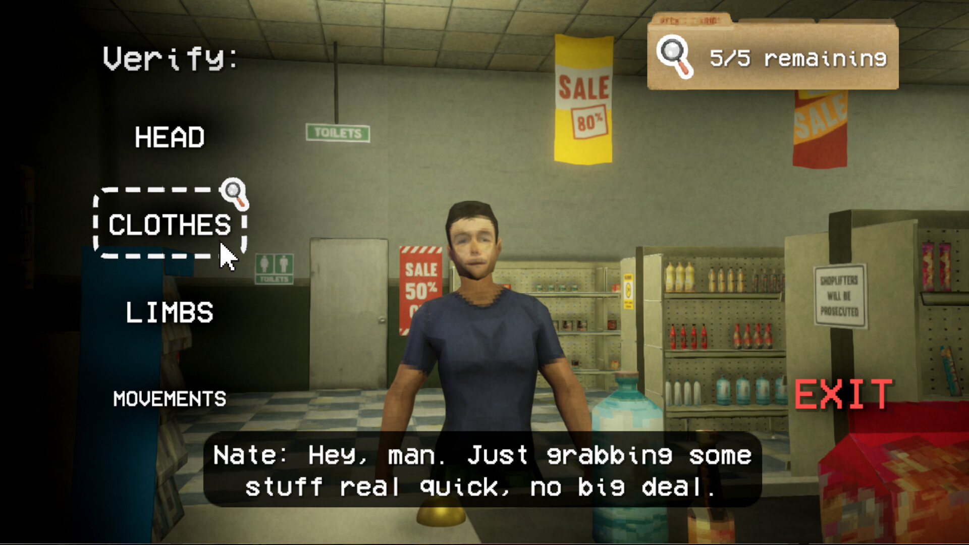 A Shift At Midnight customer stands at the counter while the player selects a verification category